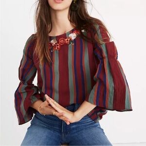 Madewell Embroidered Pleat-Sleeve Top Rosalinda Stripe size small
